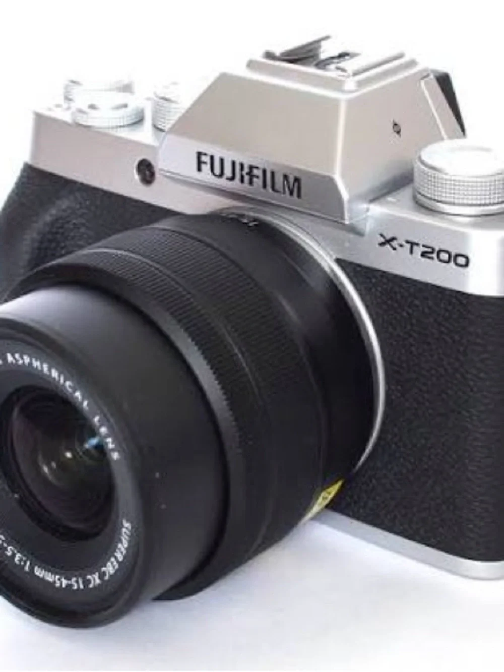 Fujifilm X-T200 Silver and Black Mirrorless Camera with Attached Zoom Lens